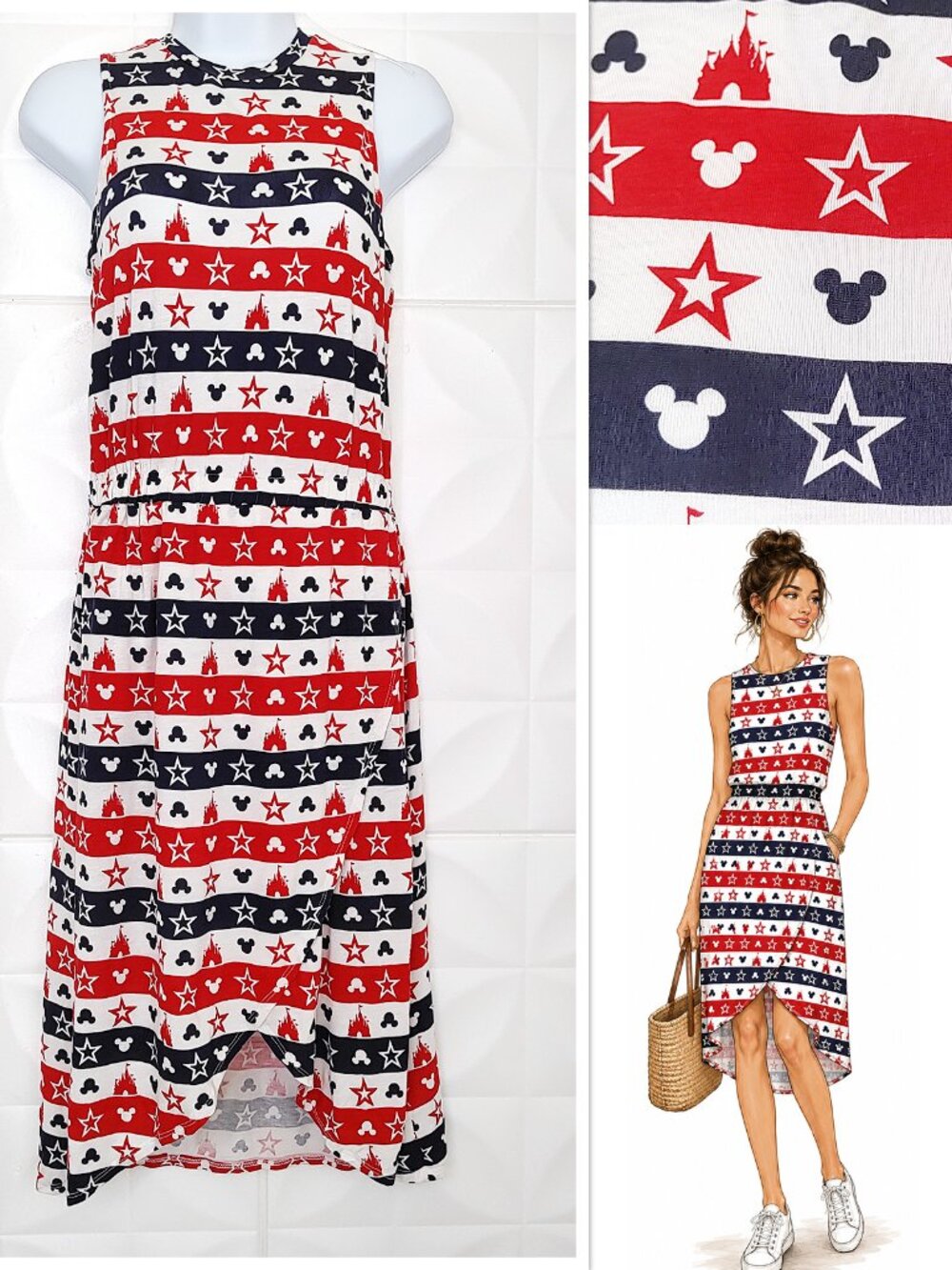 Disney Patriotic Dress Striped Castle Star Midi Mickey Red Blue Lightweight S